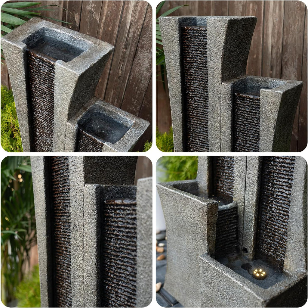 39.76" H Modern Outdoor Water Fountain with LED Lights Floor-Standing Cascading Waterfall with Dual Curved Columns for