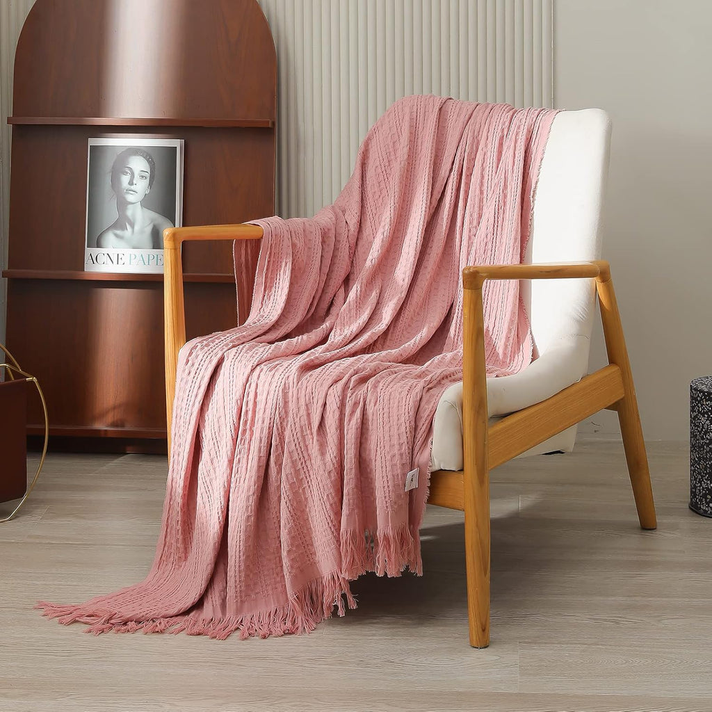 100% Cotton Throw Blanket, Waffle Weave Cable Knit Blanket with Tassels, Soft Lightweight Pre-Washed Breathable Cozy