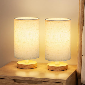 8.5" Small Table Lamps Set of 2 - Light Beige Shade & Wood Base