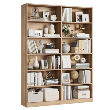 Bookshelf Tall Bookcase, 6-Tier Double Wide Bookshelves, Light Oak
