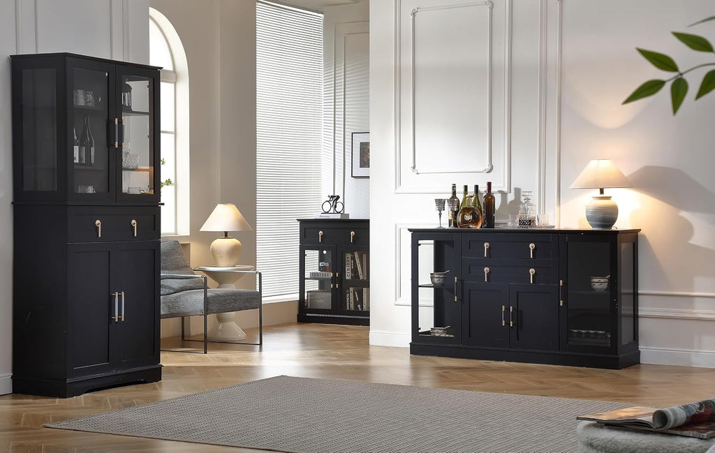 58.27'' Buffet Cabinet with 2 Drawers,LED and Adjustable Shelves,Large Glass Door Coffee Bar Cabinet with Storage,Modern Farmhouse Sideboard Credenza for Kitchen,Green