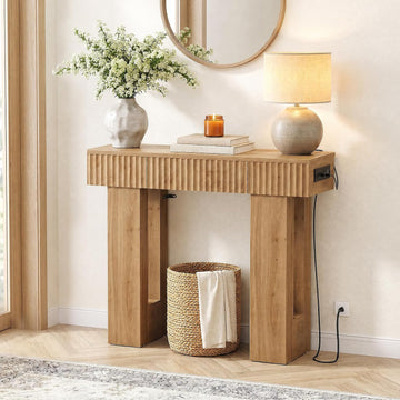39" Console Table with Drawer and Outlets W/USB-C, Modern Fluted Entryway Table with Storage, Sofa Table Behind The