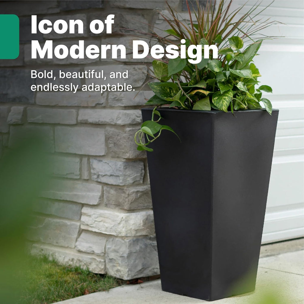 Tremont Tall Square Tapered Planter 2-Pack, 28 in Resin Planters, Self-Watering, Onyx Black