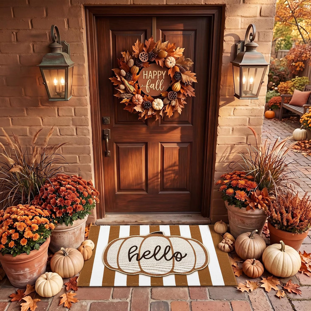 24" X 36" Pumpkin Layered Doormat Set for Front Door | Pumpkin Pattern, Brown and White Striped Layering Rug, Linen