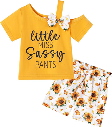 Toddler Baby Girl Summer Clothes Set Cute Asymmetrical Bow Sleeve Top & Pocket Shorts 2 Piece Outfit Casual Clothes