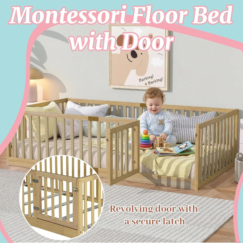 Full Size Montessori Floor Bed with High Rails and Slats, Solid Wood Floor Bed Frame with Door,Full Low Wooden Kids