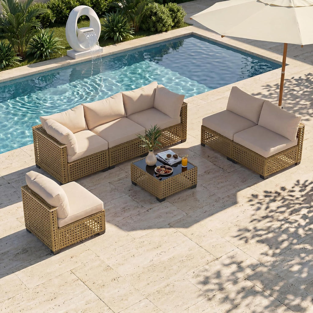 Patio Furniture Set, 7-Piece Outdoor Sectional Couch with Coffee Table & Thick Cushions, Outdoor Wicker Conversation
