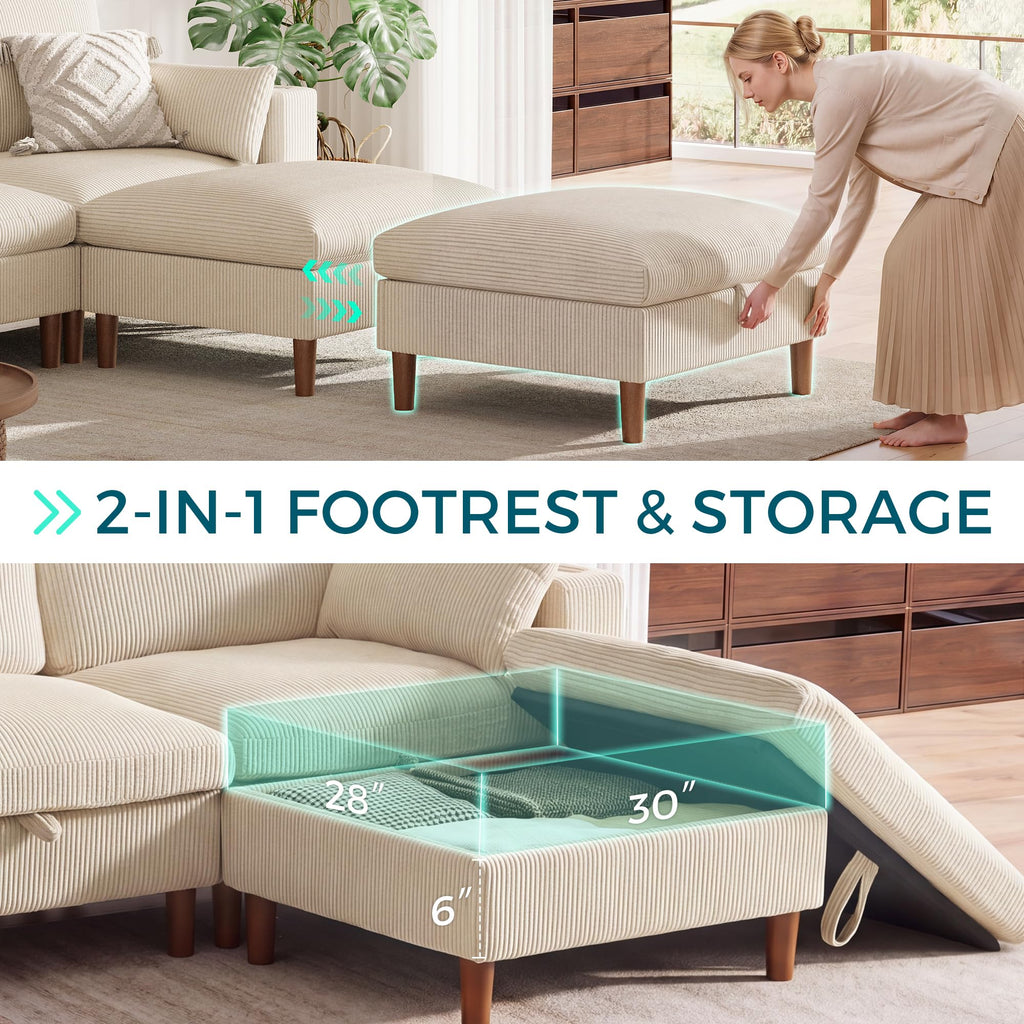 Cloud Couch 4-Seat Modular Sectional Sofa with Storage, Corduroy Deep Seat Cloud Sofa with Side Pocket & Cup Holder &