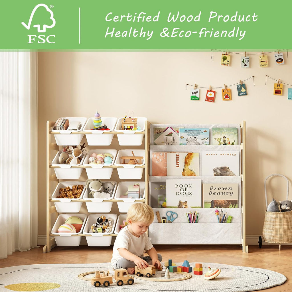 Toy Storage Organizer with Bookshelf, Kids Toy Organizer and Storage Shelf with 12 White Bins, Solid Pine Wood Book