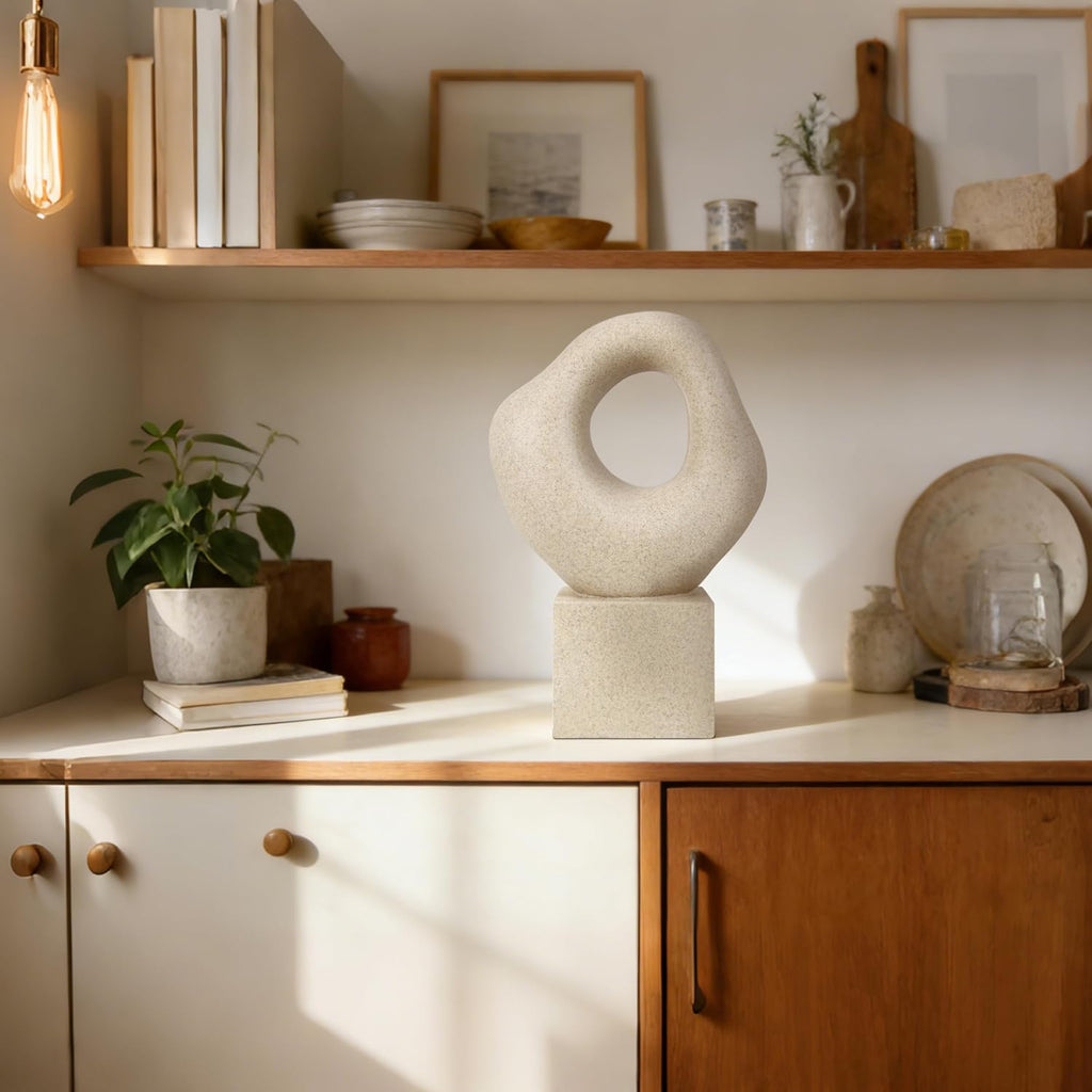 Minimalist Tabletop Decor Shelf Bookshelf Office, 13'' Tall Asymmetrical Organic Form Statue with Cube Base, Sand