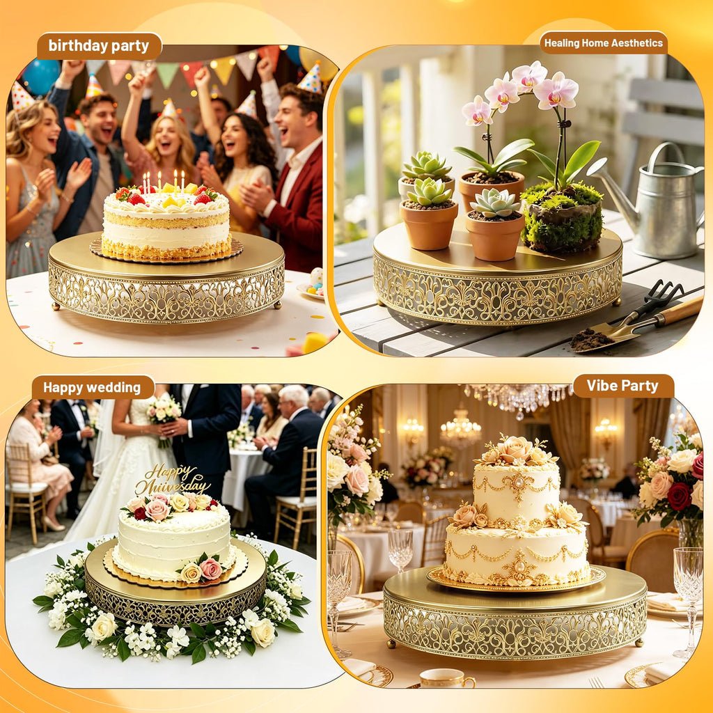 16 Inch Luxury Light Gold Cake Stand, Round Metal Dessert Display with Ornate Filigree Lace, Dual‐Coated Premium
