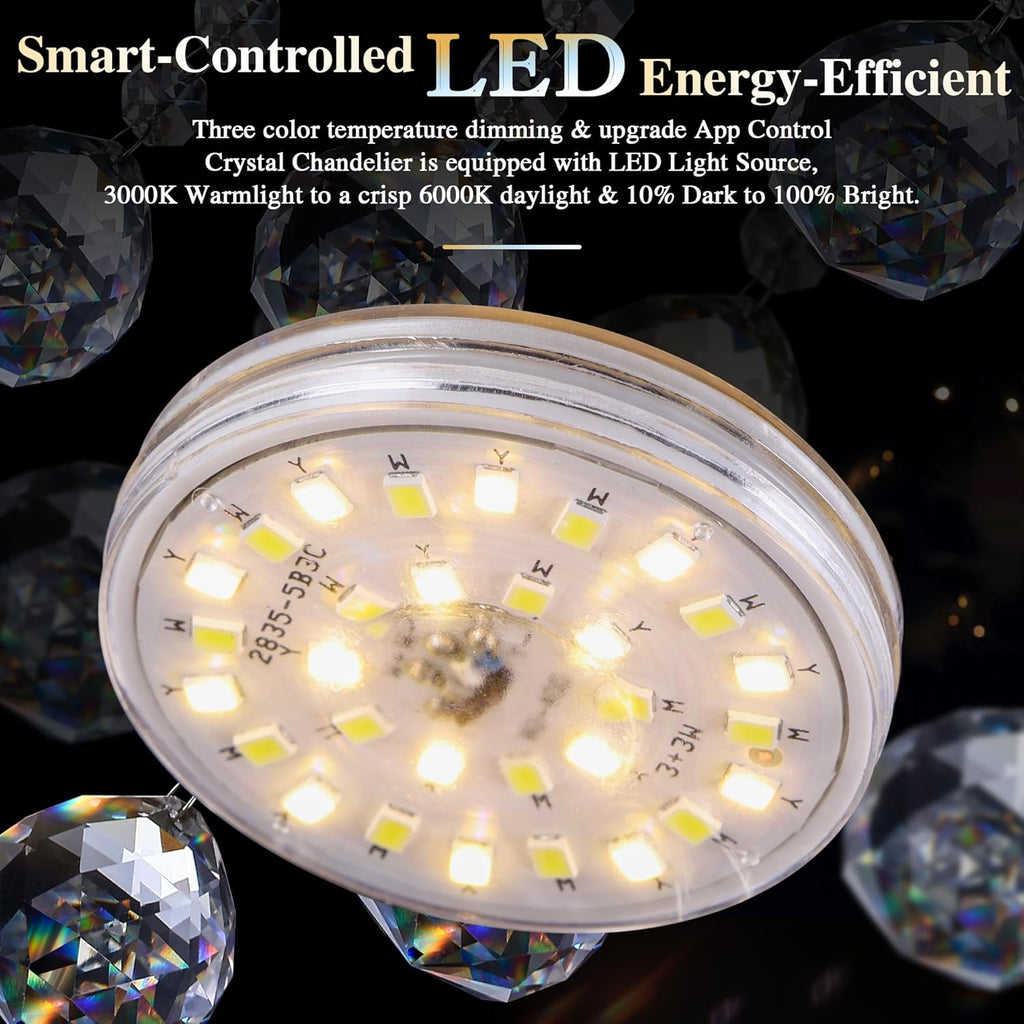 18 inch Crystal Chandeliers With Remote and APP Control, Modern Luxury Flush Mount Gold Ceiling Light, 3CCT Dimmable