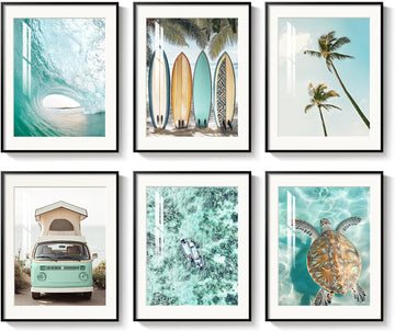 Framed Coastal Beach Wall Art , 6 Pcs Ocean Wave Surfboard Palm Tree Sea Turtle Canvas Artwork, Teal Green Summer