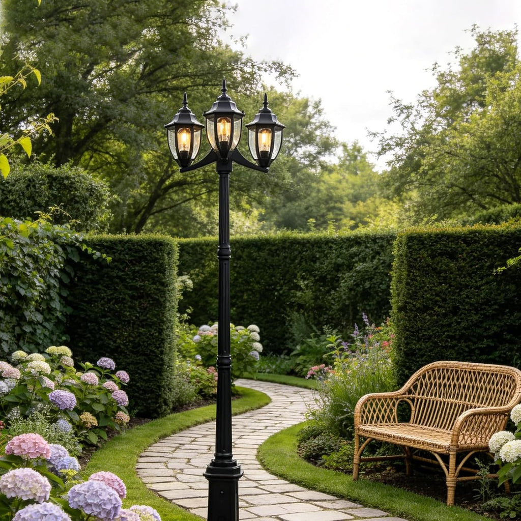 Outdoor Post Light Dusk to Dawn Sensor 3-Head Outdoor Lamp Post with Outlet Gfci