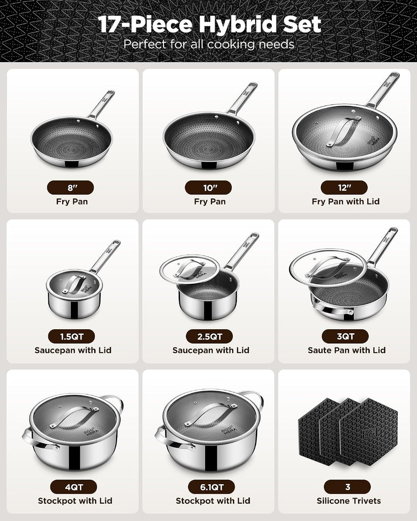 Pots and Pans Set Hybrid Stainless Steel, 17PC Nonstick Tri-Ply Cookware Set w/Frying pan, Dishwasher & Oven Safe