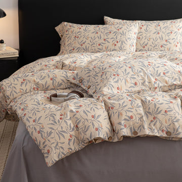 Cotton Linen Floral Duvet Cover Set - Vintage Botanical Print Bedding with Wooden Button Closure, Soft