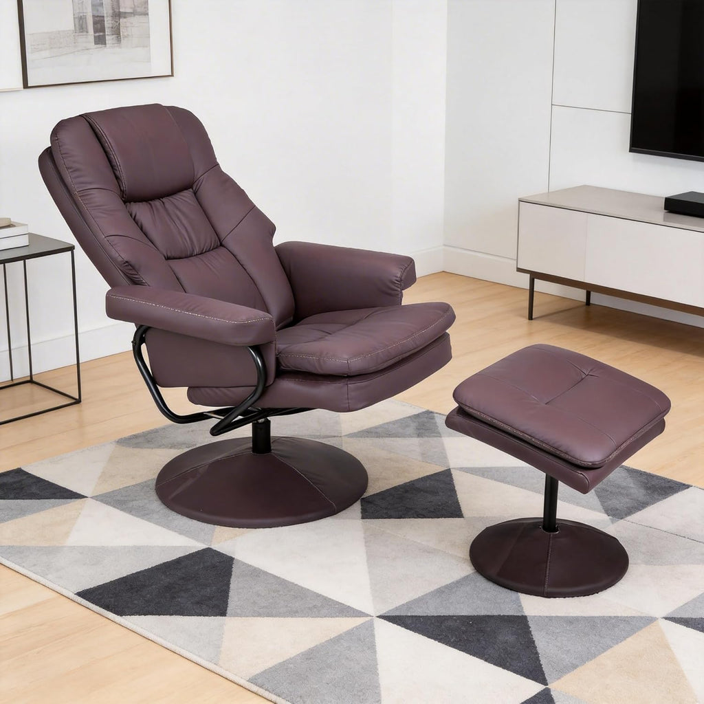 Modern Reclining Swivel Lounge Chair and Ottoman — Brown Leather