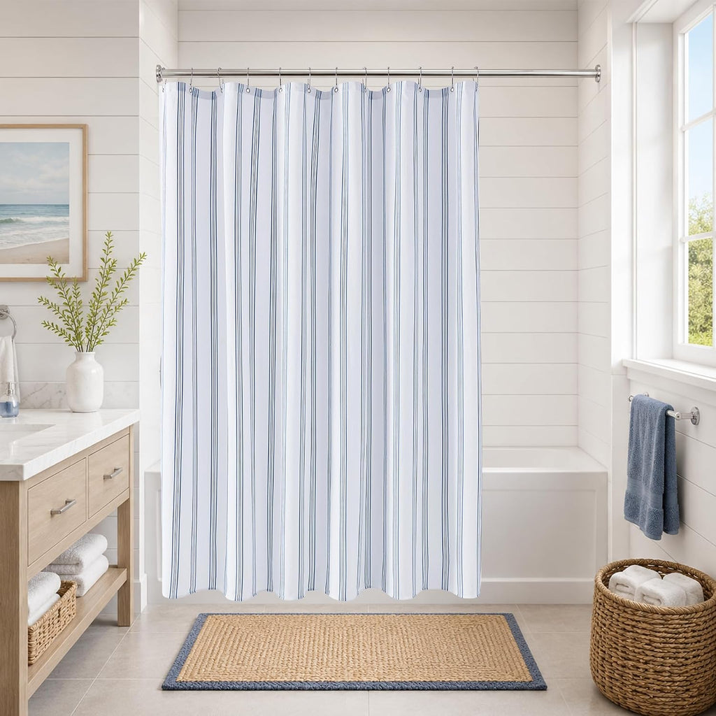 Blue and White Striped Shower Curtain with 12 Metal Hooks, Crinkled Lightweight Textured Fabric Modern Farmhouse