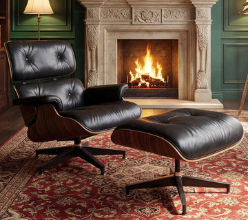 Mid-Century Modern Lounge Chair & Ottoman — Black Top-Grain Leather, Rosewood Base, Extended Chaise