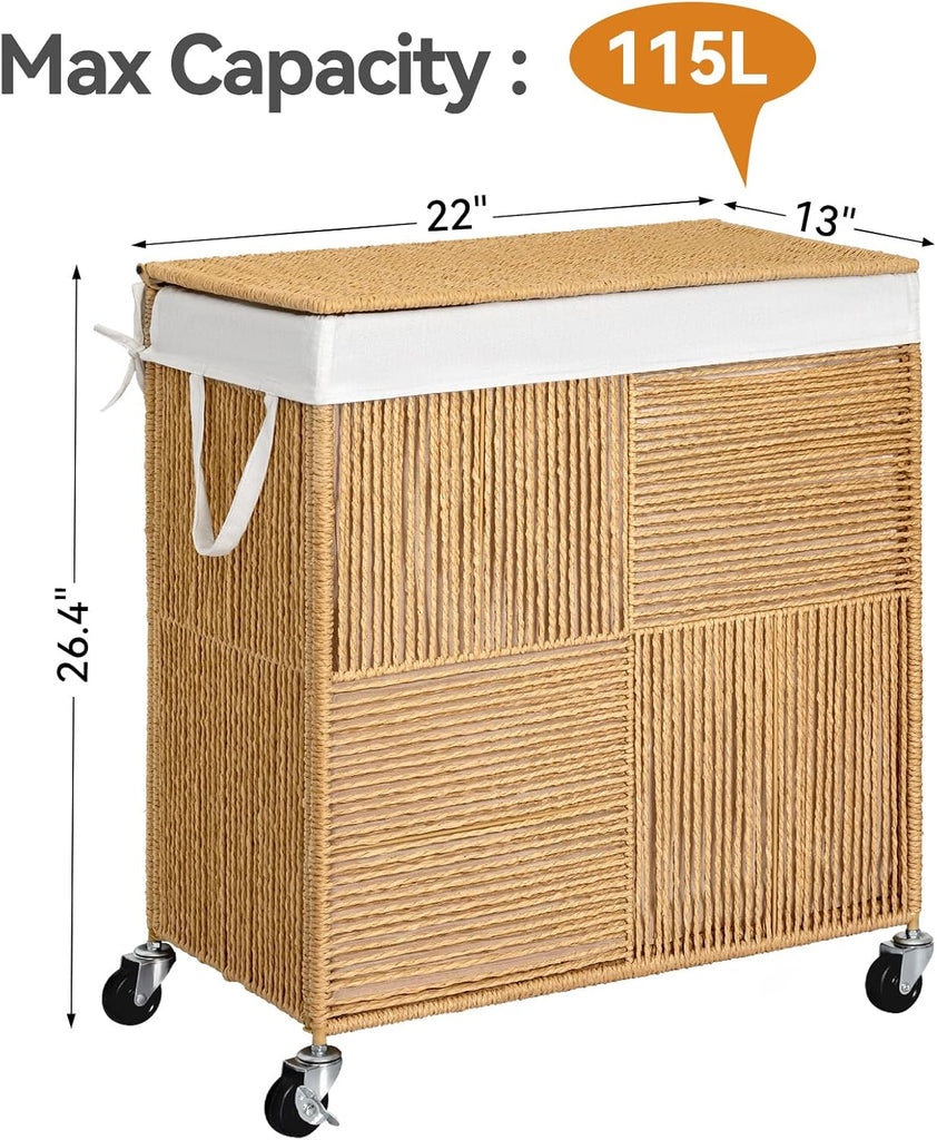Double Laundry Hamper with Wheels, Handwoven Rolling Laundry Basket | 115L Dirty Clothes Hamper with Lid, Removable