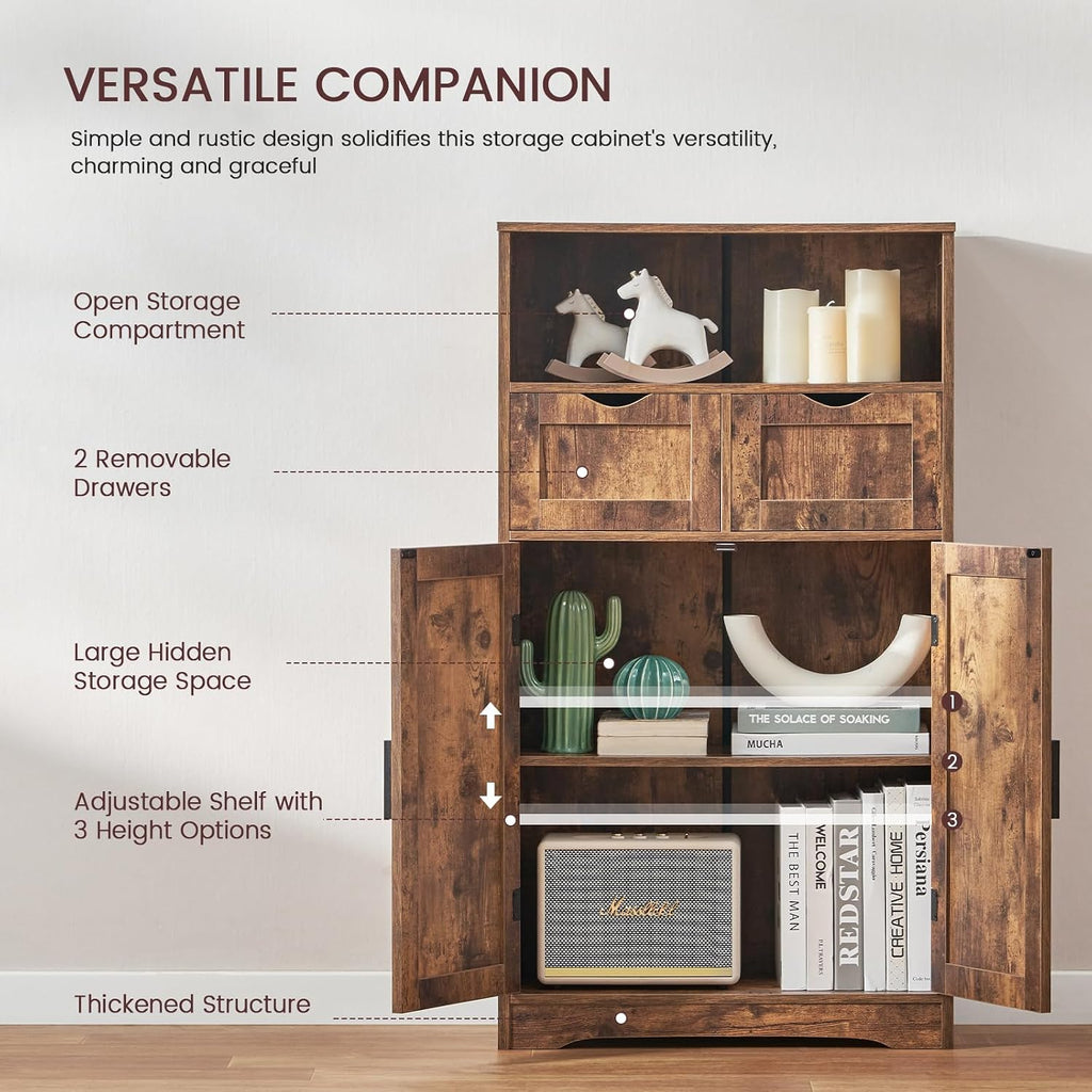 Storage Cabinet with 2 Drawers & Adjustable Shelves, Cupboard, Floor Cabinet , Rustic Brown