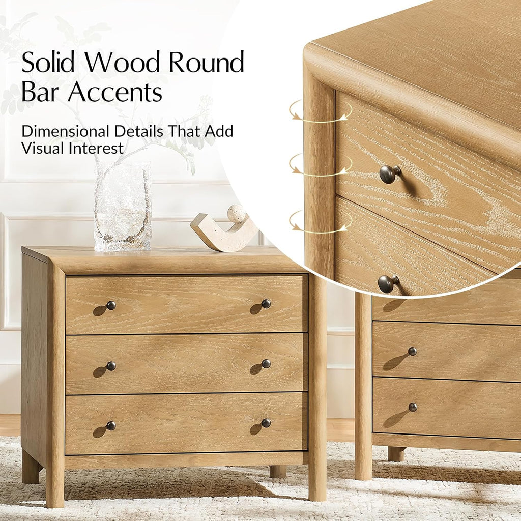 3 Drawer Nightstand with Charging Station, Modern Bedside Table with USB & Type-C Ports, Wood Storage End Table with