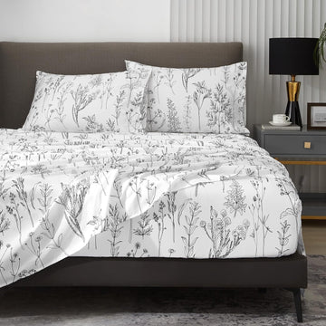 Deep Pocket Queen Sheets, Floral Patterned Black and White Cute 4pc - Set of 4