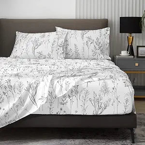 Deep Pocket Queen Sheets, Floral Patterned Black and White Cute 4pc - Set of 4