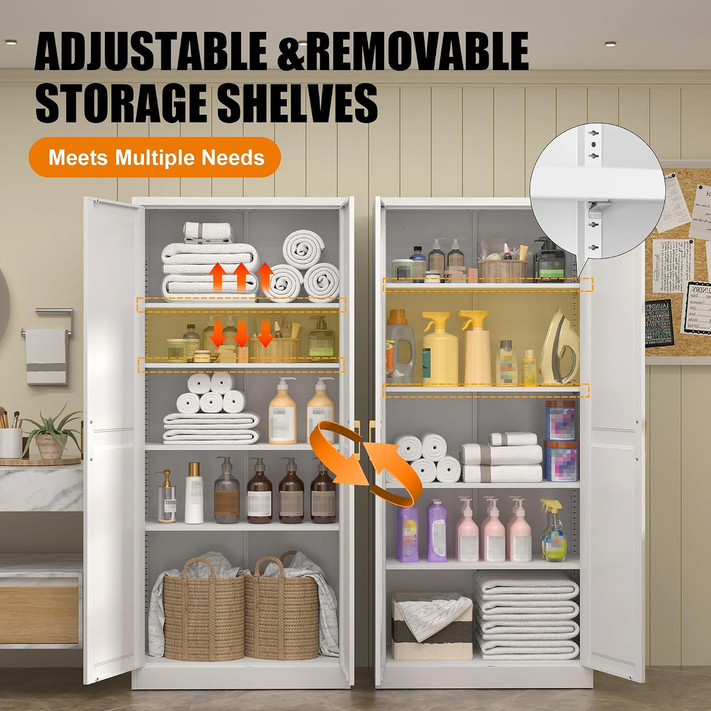 71"Tall Metal Kitchen Pantry Storage Cabinet with Doors& 4 Shelves | White Pantry Cabinet, Utility Kitchen Cupboard
