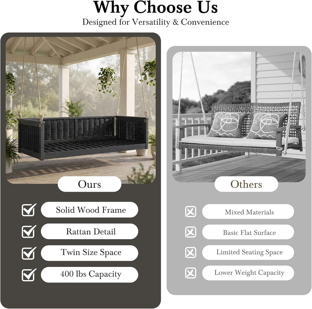 Twin Size Outdoor Porch Swing Bed, Solid Wood Rattan Swing Daybed Frame with Long Ropes , Poolside, Backyard, Black