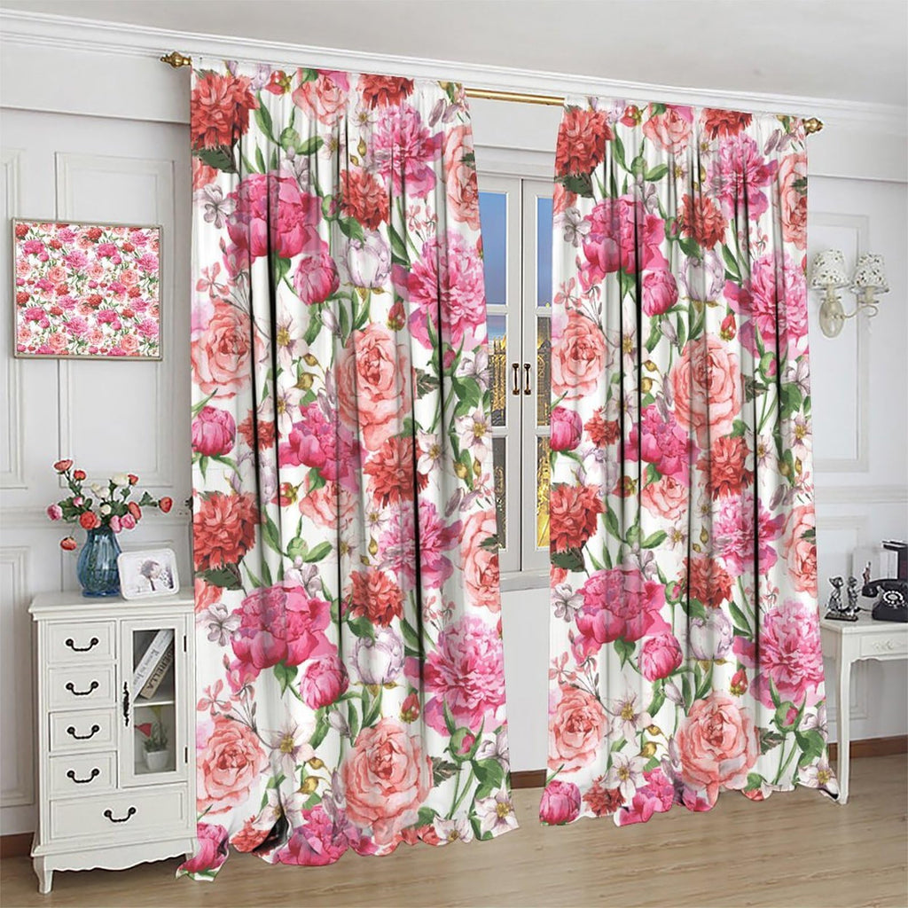 Watercolor Flower Blackout Window Curtain, Victorian Floral Pattern Painting Style Print with Peonie Living Room