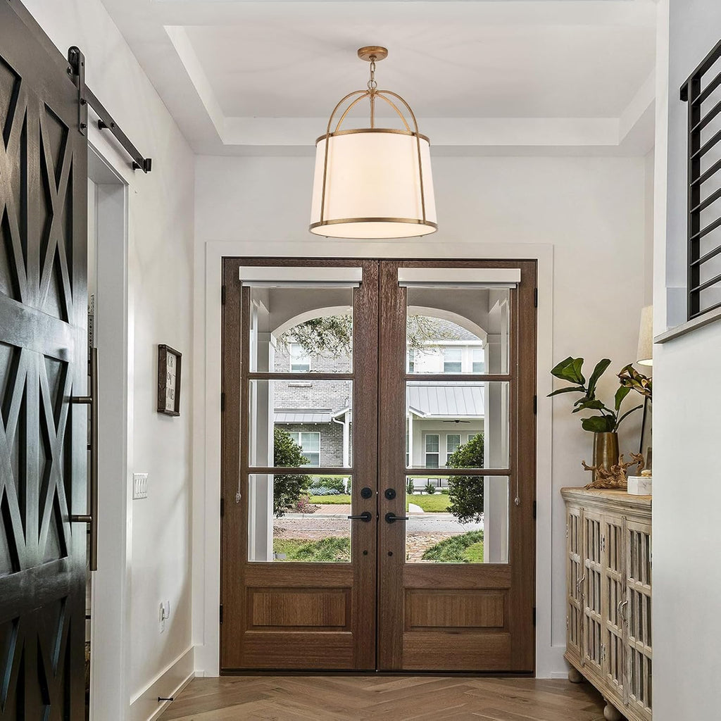 Rustic Modern Chandelier for Entryway, Dining Room Chandelier with Off-White Fabric Shade, Gold Pendant Light Fixture