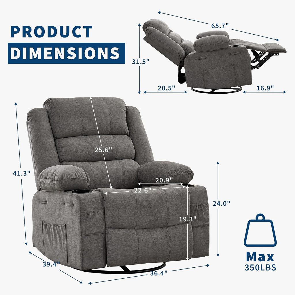 Rocking Recliner Chair for Adults Wide 360° Swivel Rocker Recliner | with Cup Holder Nursery Glider with Upholstered