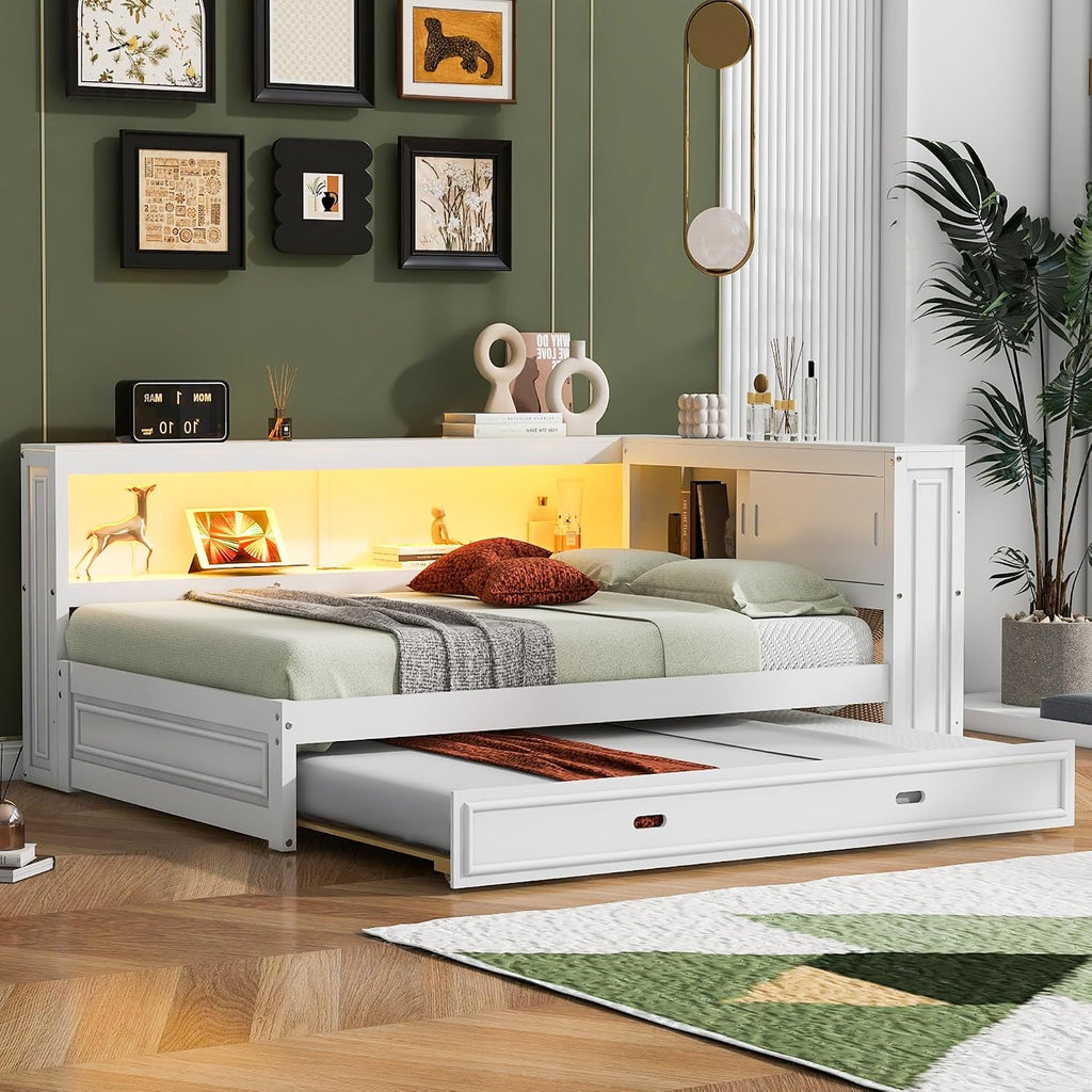 Full Size Corner Daybed with Trundle and Storage, White | L-Shaped Corner Bed with Bookcase, LED Lights & USB Ports