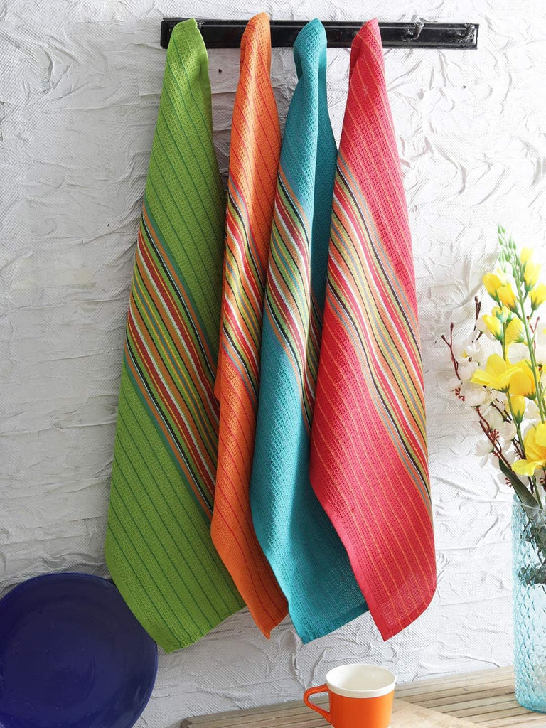 Salsa Stripe Kitchen Dish Towels, 100% Cotton, Highly Absorbent, Multi Purpose Waffle Tea Towels for Cooking, Drying