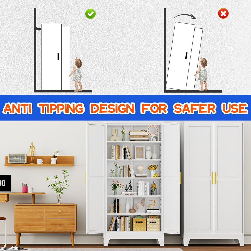 75.2" Tall Metal Storage Cabinet with 2 Doors and 5 Adjustable Shelves, New upgrade Kitchen Pantry Cabinet, White