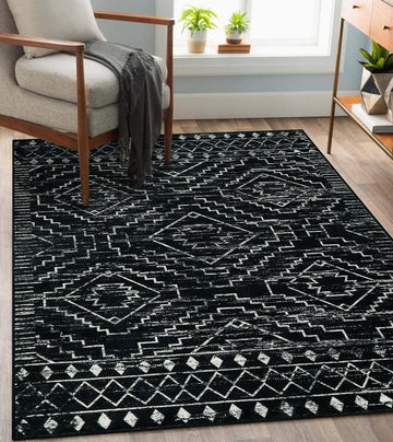 Moroccan Washable Rug 4x6, Black Boho Living Room Area Rug, Non-Slip Farmhouse Bedroom Carpet Dorm Room Throw Rug