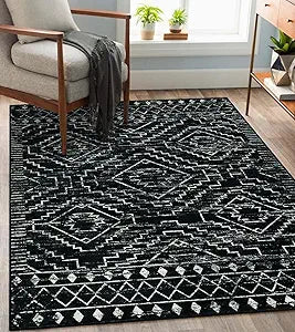Moroccan Washable Rug 4x6, Black Boho Living Room Area Rug, Non-Slip Farmhouse Bedroom Carpet Dorm Room Throw Rug