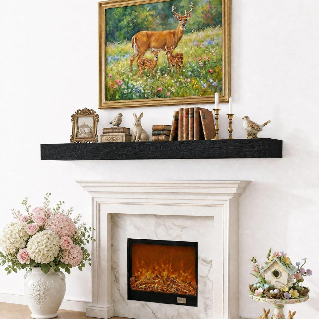 48 Inch Solid Wood Fireplace Mantel Shelf, Matte Black | 70 LBS Capacity, Easy to Install, Modern Farmhouse Floating