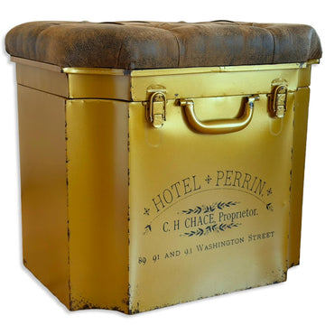 Vintage Traveler Steamer Trunk Storage Ottoman, Faux Brown Leather