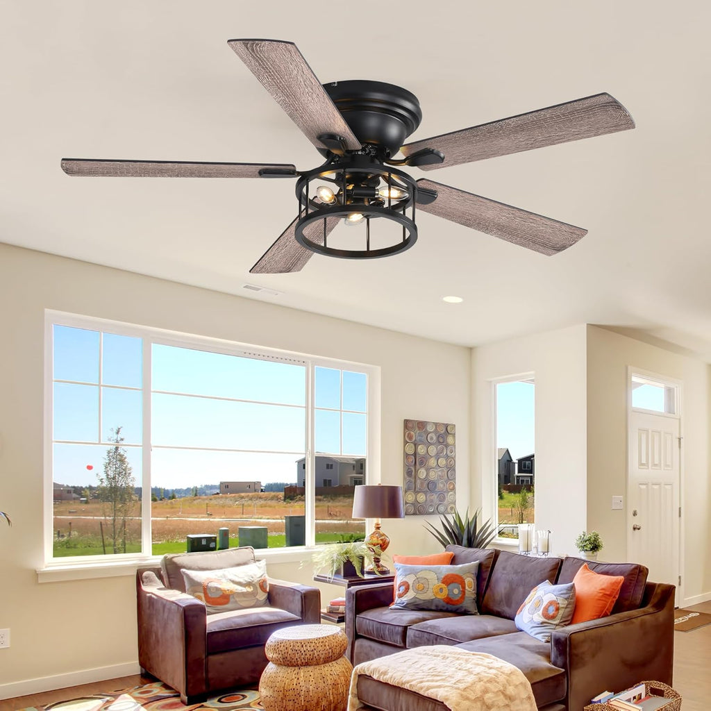 52 Inch Flush Mount Farmhouse Rustic Ceiling Fan with Light and Remote, Reversible AC Motor, 5 Dual Finish Blades