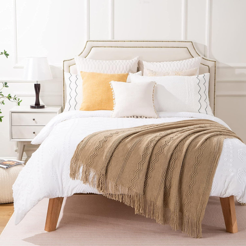 Boho Farmhouse Throw Blanket, 50x60 Tan Taupe Living Room Decor