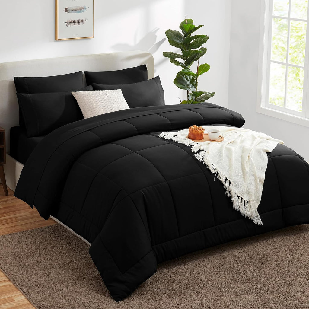 Comforter Set Black, 7 Pieces Bed in a Bag, Black Comforter