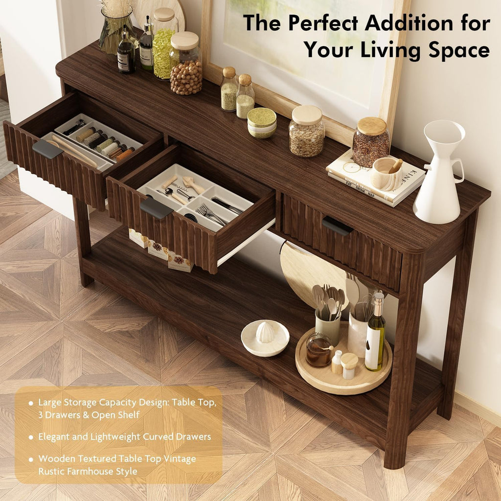 Fluted Wood Console Table with 3 Drawers, Boho Narrow Behind Couch Entryway Table with Open Storage Shelf, Modern