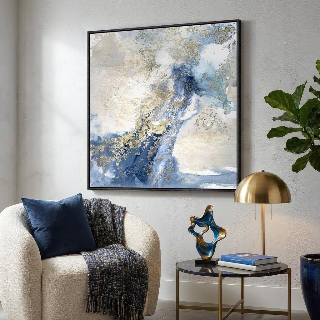 Extra Large Framed Blue Abstract Wall Art , Oversized Square Modern Canvas Prints Paintings for Walls, Minimalist