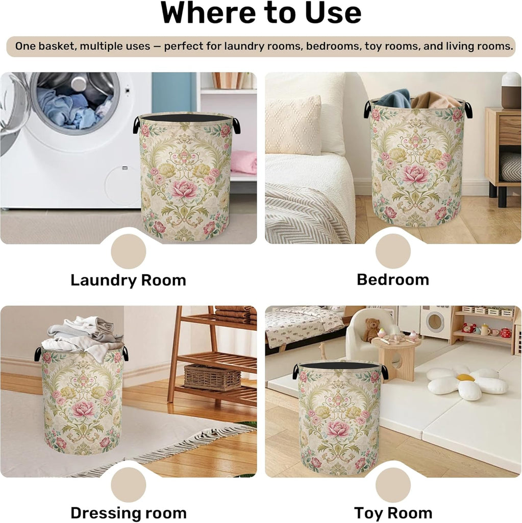 Shabby Chic Rose Laundry Basket with Handles - Extra Large Foldable Hamper /Laundry/Bedroom/Dorm, Washable Fabric