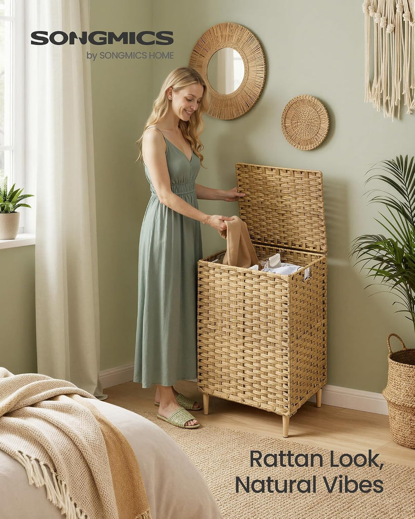 2-Section Laundry Hamper with Lid, 29 Gal (110L) PE Rattan Laundry Basket with Removable Washable Liners, Goose