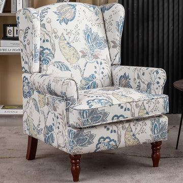 Wingback Chair & Floral Accent Chair | Occasional Side Chair Arms and High Back, Ticken Seat Cushion|Fabric