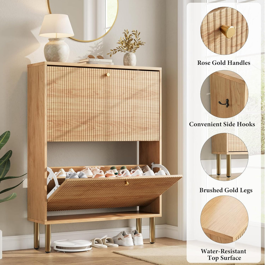 Shoe Storage Cabinet - Flip Shoe Cabinet with Tiered Fluted Design - Slim Shoe Storage Rack with Gold Legs - Narrow
