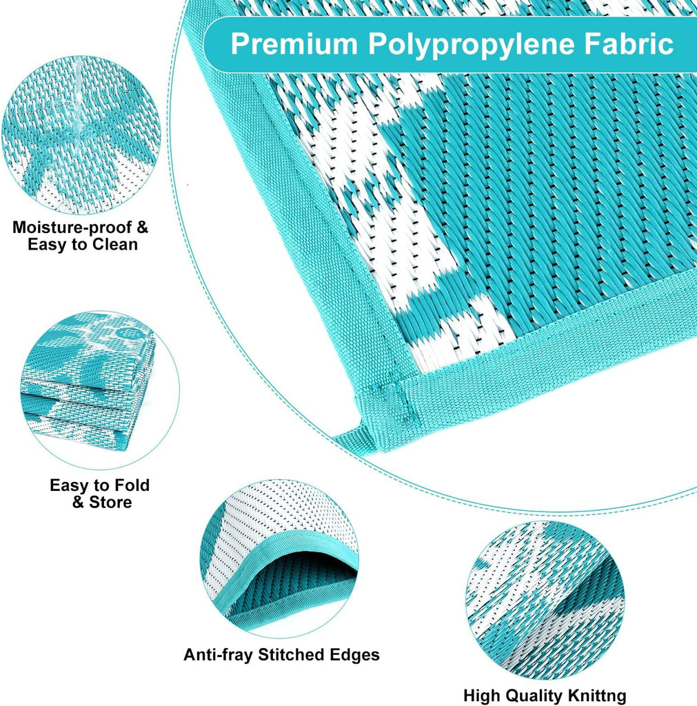 Outdoor Rug for Patio 9x12 ft Reversible Plastic Straw Patio Camping Rug, Floral Waterproof RV Mat f